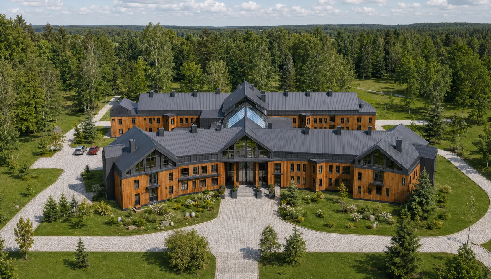 Aerial view of the LIGHTS Medical rehabilitation and senior living estate in Latvia